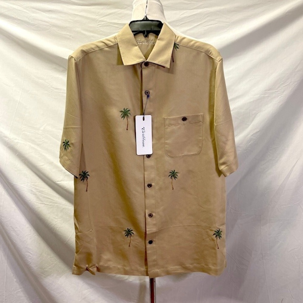 Roundtree & Yorke Caribbean Collection Beige Embroidered Palms Men's Shirt M